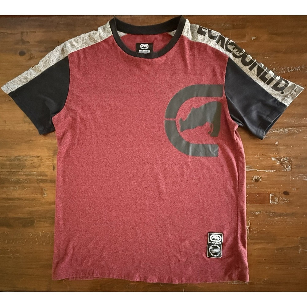 Ecko Unltd Mens L Red Gray Black Big Rhino Logo Color Block Tee Shirt Spell Out